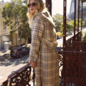 Belle & Bloom Walk this way wool blend hooded plaid pea coat S EUC